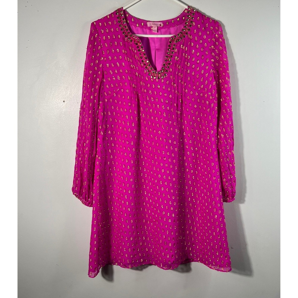 Lilly Pulitzer Colby‎ Silk Tunic Dress Hot Pink Gold Metallic Dots Beading 4